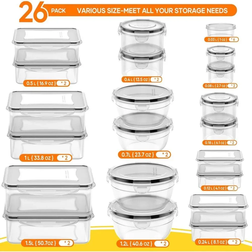 52 PCS Food Storage Containers with Lids Airtight Reusable Plastic Leakproof